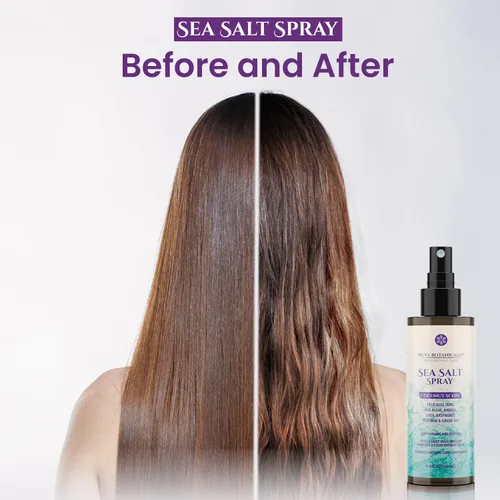 Vista 4 de Spray texturizante para el cabello con sal marina de coco con aceite de ricino, aloe vera, algas rojas, algas rojas, algas marinas, frambuesa y té