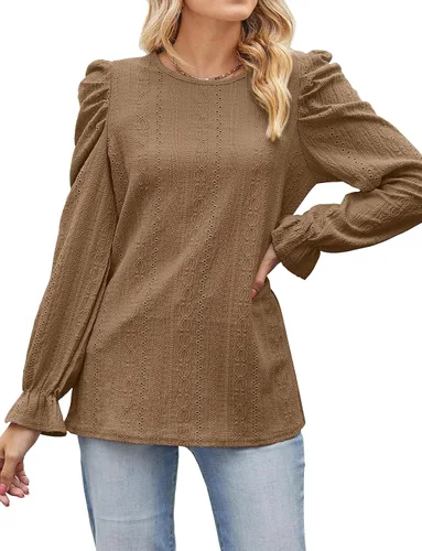 Vista 3 de WIHOLL Puff Sleeve Tops for Women Crewneck Eyelet Tunic Shirts Fall Clothes
