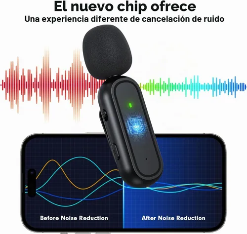 Vista 2 de Paquete de 2 micrófonos inalámbricos Lavalier para iPhone y Android, micrófono con clip de reducción de ruido Plug and Play con funda de carga
