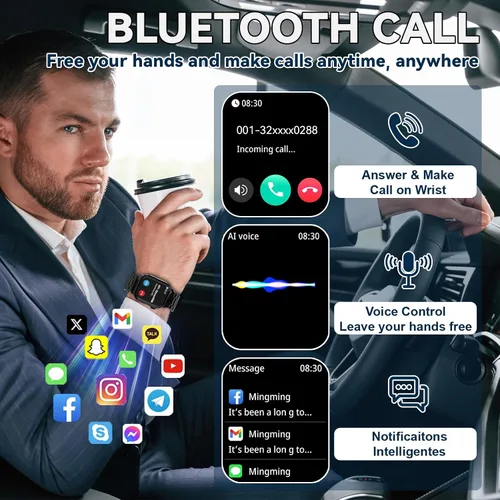 Vista 2 de Reloj inteligente para hombres con respuesta/hacer llamadas, pantalla HD de 1.85 pulgadas, reloj rastreador de fitness con resistente al agua, 100