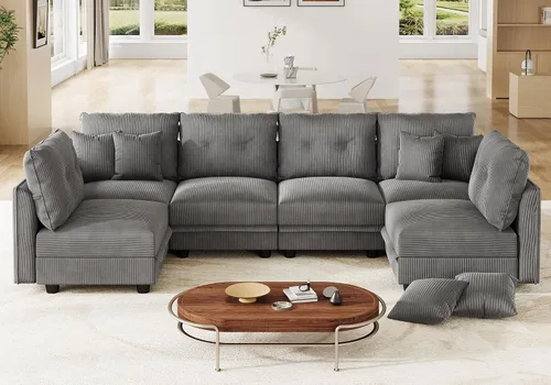 Vista 28 de LLappuil Sofá Seccional Modular con Asientos de Almacenamiento, Sofá Modular Convertible de Pana Chaise para Sala de Estar, Sofás de 5 Plazas con 3