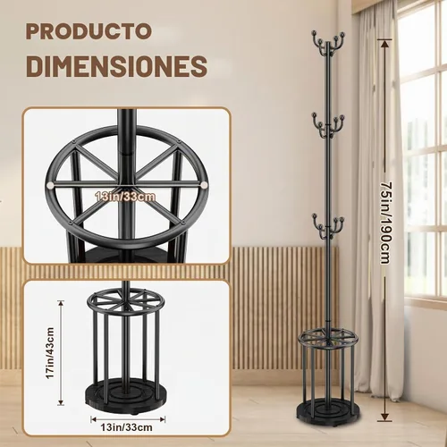 Vista 2 de Perchero independiente con soporte para paraguas, perchero con 12 ganchos para ropa, bolsos, sombreros, perchero, árbol, perchero, sombrero