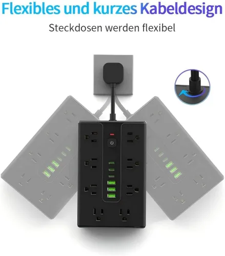 Vista 4 de Protector de sobretensiones de placa de alimentación con 16 enchufes, equipado con 3 puertos USB A y 3 puertos USB C, adecuado para varios