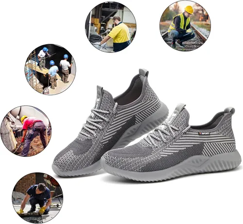 Vista 6 de Drecage Zapatos de seguridad con punta de acero para mujeres y hombres, zapatos de trabajo industriales y de construcción, a prueba de pinchazos