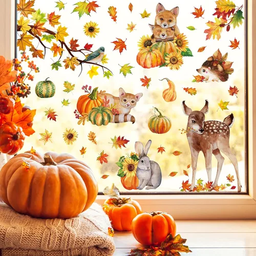 Vista 3 de 68 calcomanías de otoño para ventana, de doble cara, hojas de arce de otoño, calabaza, calcomanías para ventana, calcomanías para el hogar, oficina