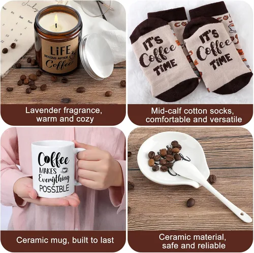 Vista 5 de Vabean Juego de Regalo para Amantes del Café de 5 Piezas - Incluye Taza y Soporte para Cuchara, Vela y Calcetines, Canasta de Café para Hombres