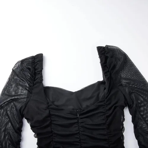 Vista 5 de Uni Clau Minivestido sexy de malla con cuello en V para mujer, de manga larga, transparente, para fiesta, noche, club, fruncido, entallado