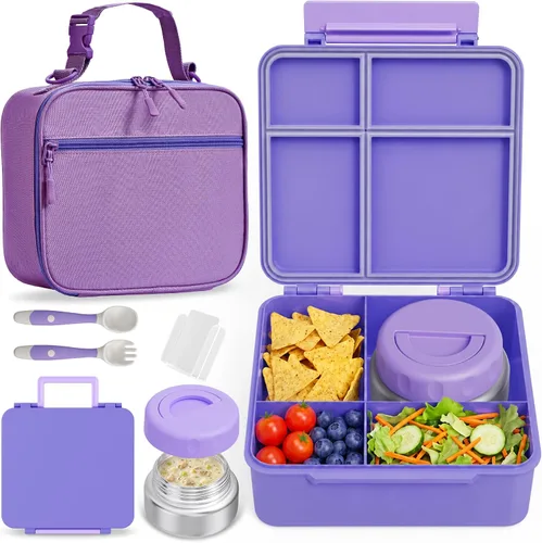 Vista 11 de Lonchera Bento para niños con contenedor térmico de alimentos (9 onzas), lonchera de 4 compartimentos, divisor ajustable, lonchera Bento a prueba