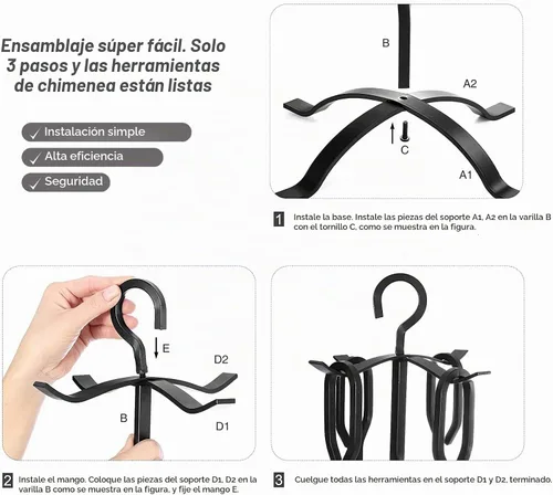 Vista 6 de Juego de 5 herramientas para chimenea de 31 pulgadas, juego de herramientas de hierro resistente Wrouhgt con póster, pala, pinzas, cepillo, soporte