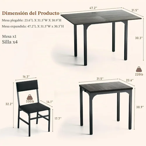 Vista 3 de HUAHUU Juego de mesa de comedor para 4, juego de sillas con cojín para cocina extensible de 4, mesa de comedor rectangular con marco de metal