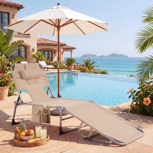 Vista 4 de Goplus Silla bronceadora, silla de playa plegable con agujero para cara y brazo, posición ajustable, almohada extraíble, bolsillo lateral, silla