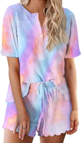 Vista 26 de Ekouaer Conjunto de pijamas teñidos con técnica tie dye para mujer, ropa de dormir, 2 piezas, conjuntos de pijamas, ropa de relajación A-tie Dye