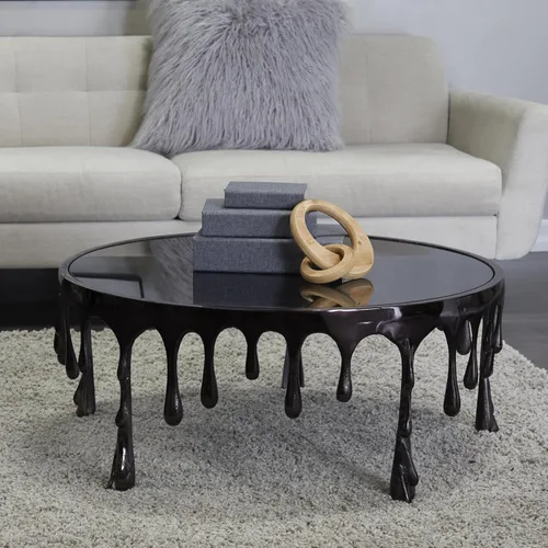 Vista 2 de Deco 79 Mesa de centro de metal de aluminio para sala de estar con patas de diseño fundido y parte superior de vidrio sombreado, mesa central de 36