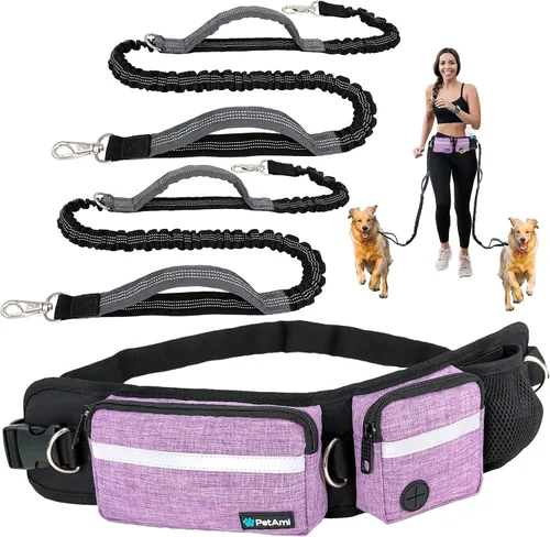 Vista 14 de Correa para perro PetAmi manos libres, correa para correr con bolsa para la cintura, para caminar, trotar, doble bolsillo con cremallera