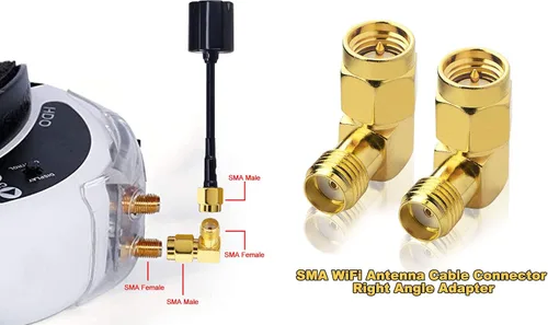 Vista 3 de Adaptador SMA macho a hembra de ángulo recto de 90 grados, 50 ohmios Paquete de 2 piezas