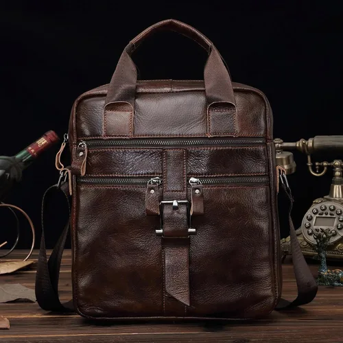 Vista 6 de Bolso de hombro de cuero genuino para hombres, bandolera ajustable con caja de regalo