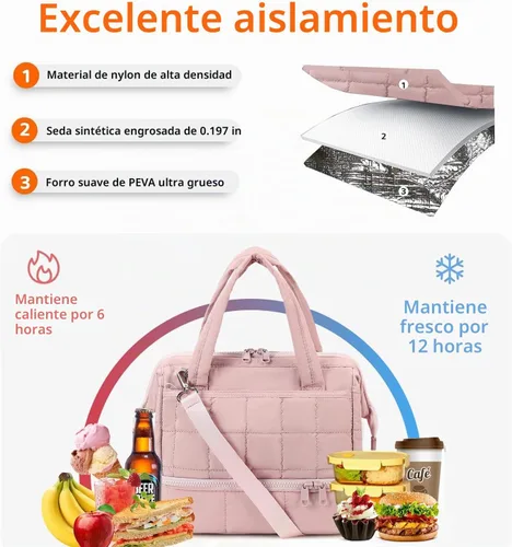 Vista 4 de Bluboon Lonchera para mujeres Bolsa de almuerzo aislada de doble cubierta, Lonchera acolchada de quilt con abertura ancha, loncheras reutilizables