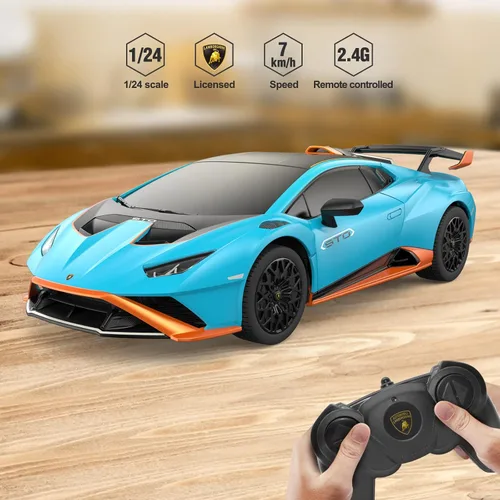 Vista 5 de RASTAR por Lamborghini Huracan STO RC Car 1:24 Escala Control Remoto Coche de Juguete, Vehículo Modelo R/C para Niños Negro RC - Azul