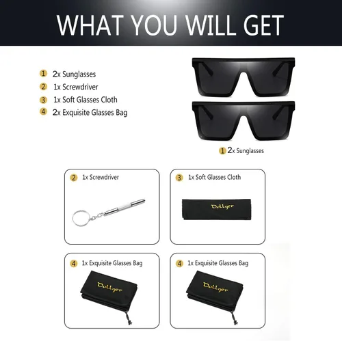 Vista 7 de Dollger - Lentes de sol cuadrados extragrandes para mujer y hombre, de moda, armazón negro con parte superior plana