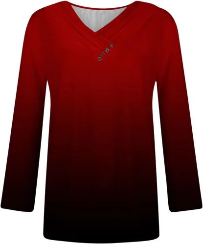 Vista 5 de Camisa de manga larga con cuello en V para mujer, camiseta con estampado degradado, suave, ligera, con botones, para otoño, sudaderas básicas