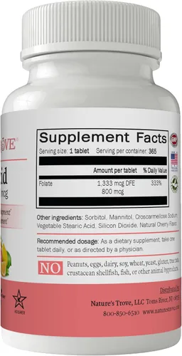 Vista 2 de Nature's Trove Ácido fólico 800 mcg (vitamina B9) 365 EZ Chew Tablets sabor cereza