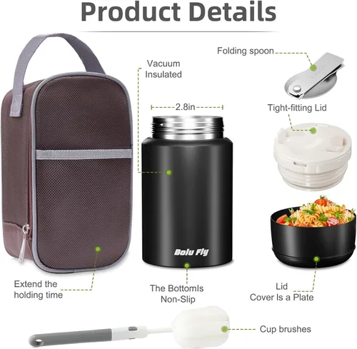 Vista 7 de Contenedor de alimentos aislado de 18 onzas con cuchara y bolsa aislada, termo de sopa para alimentos calientes, retención de calor de 10 horas