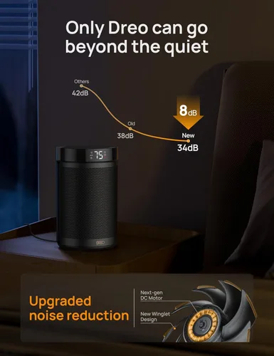 Vista 7 de Dreo - Calefactor eléctrico portátil de interior, con termostato, pantalla digital, temporizador 1-12 h, modo ecológico/ventilador, 1500 W PTC
