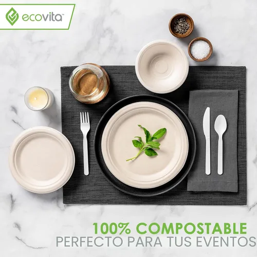 Vista 6 de Ecovita Platos de papel 100 % compostables [9 pulgadas] – 150 platos desechables ecológicos, resistentes, libres de árboles, líquidos y resistentes