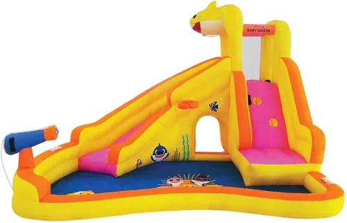 Vista 6 de Funormous Baby Shark - Casa de rebote con tobogán húmedo o seco, tobogán acuático inflable Pink Fong, diversión de tobogán acuático curvo