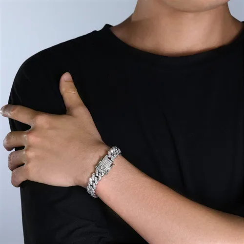Vista 3 de Pulsera de eslabones cubanos de 0.394 pulgadas y 0.472 pulgadas para hombres y mujeres, chapado en platino de 14 quilates, pulseras de hip hop