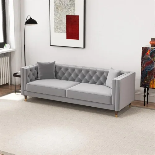 Vista 5 de Sofá de terciopelo gris copetudo, moderno de mediados de siglo, con botones en la parte posterior, sofás de tela para sala de estar, apartamento