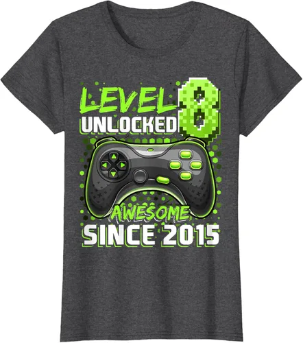 Vista 4 de Level 8 Unlocked Awesome 2015 Video Game 8th Birthday Boy T-Shirt, Negro