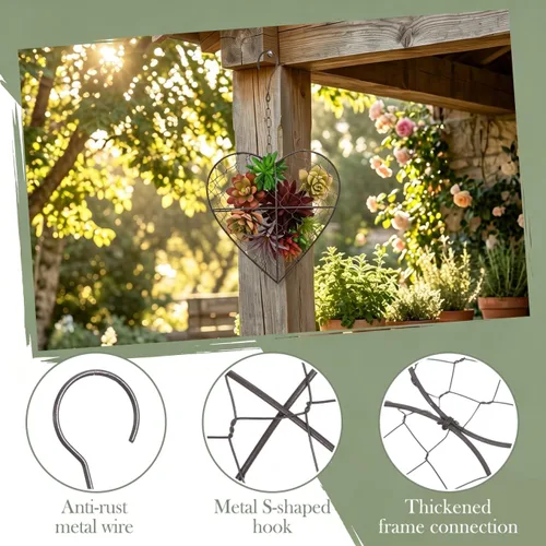 Vista 6 de GANAZONO Cesta colgante en forma de corazón de 8.26 pulgadas, maceta de alambre de metal para plantas suculentas y flores, para interiores
