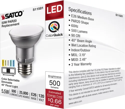 Vista 7 de Satco S11581; LED PAR20 de 5.5 vatios; base media; acabado plateado; CCT seleccionable; 120 voltios; ángulo de haz de 40 grados