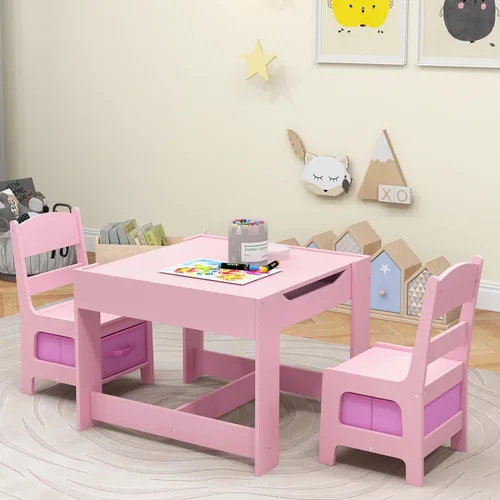 Vista 10 de Costzon - Juego de mesa y sillas para niños, escritorio de actividades multifuncional de madera para niños pequeños con mesa reversible, cajones