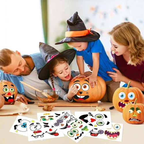 Vista 5 de Calcomanías decorativas de calabaza de Halloween, 26 hojas, 56 calcomanías faciales en total, kit de manualidades de pintura de calabaza, decoración