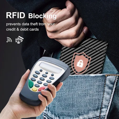 Vista 4 de IMDCGYY Cartera táctica para hombre, cartera de metal delgada y minimalista de fibra de carbono, clip de dinero de acero inoxidable, bloqueo RFID