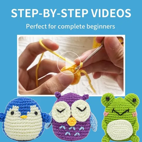 Vista 4 de NDEMl Kit de ganchillo de 3 piezas que incluye pingüino, búho, rana, materiales de bricolaje para principiantes con tutoriales en video paso a paso