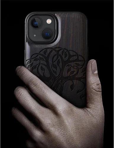 Vista 2 de Carveit Funda magnética de madera para iPhone 13 Mini, madera real dura y TPU suave, funda protectora híbrida de madera única y elegante a prueba