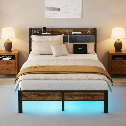 Vista 10 de PROTEA Base de cama de tamaño individual con luces LED y estación de carga, cabecera tapizada con almacenamiento, plataforma resistente con listones