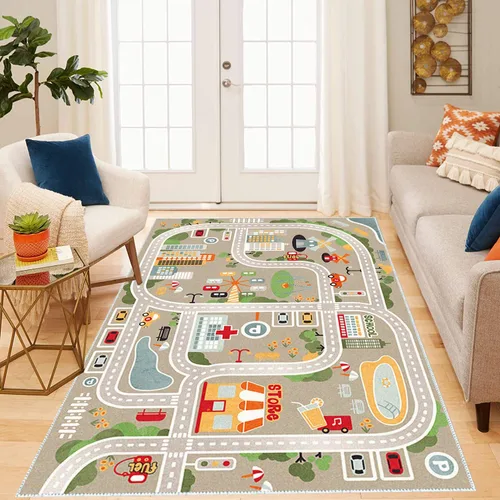 Vista 9 de Alfombra de juegos para niños, alfombra de juego para autos de juguete y trenes, alfombra de área de juegos con respaldo de goma, alfombra