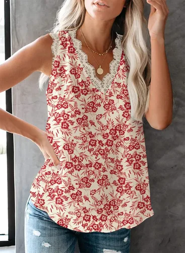 Vista 60 de VIISHOW - Camiseta sin mangas, sexy, con cuello en V y bordes de encaje para mujer, camisola de vestir, camisas de gasa, sin mangas, casuales