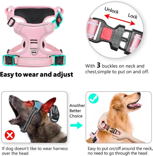 Vista 3 de Timos Arnés para perro de tamaño pequeño, arnés sin tirones para mascotas con cuello a presión bloqueable, chaleco reflectante para perro, sin