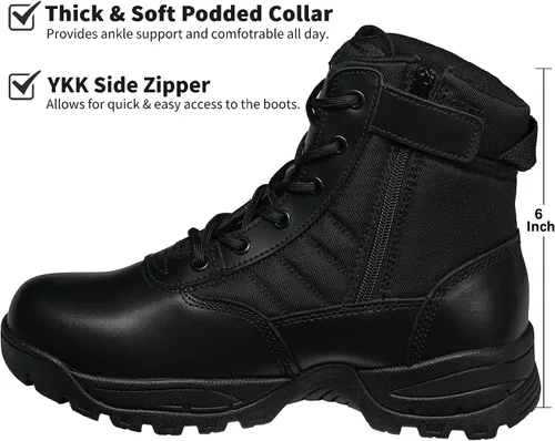 Vista 4 de Men's Military Tactical Work Boots Side Zipper Combat boots 6/8inch Negro-6 pulgadas