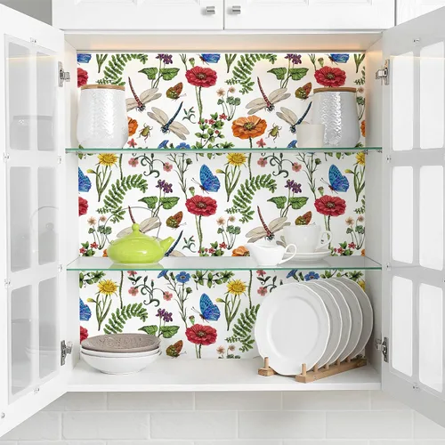 Vista 3 de VaryPaper Papel tapiz floral brillante de 17.7 x 78.7 pulgadas, para pegar y despegar, papel tapiz bohemio de hojas de musgo, libélula, mariposa