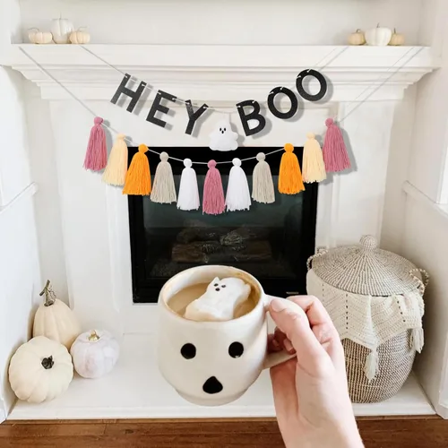 Vista 4 de Hey Boo - Pancarta con borlas de fantasma, pancarta de borla de fantasma para Halloween, decoración del hogar de Halloween, pancarta de fantasma