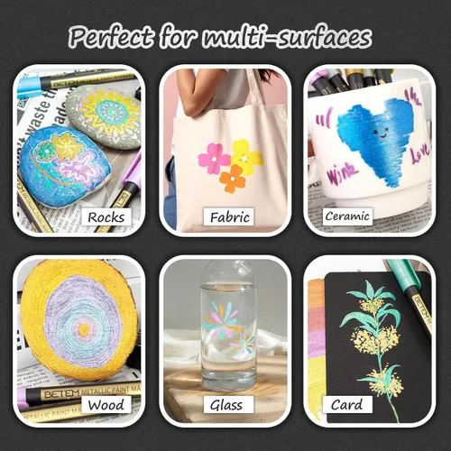 Vista 5 de Betem Marcadores de pintura metálica, marcadores metálicos acrílicos de 26 colores para papel negro, bolígrafos con purpurina de punta media
