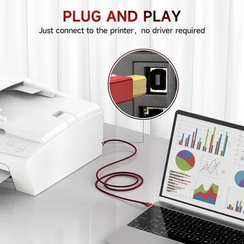 Vista 5 de Cable de impresora de 6 pies, USB A a B 2.0, cable de impresora USB trenzado de nailon de alta velocidad, cable MIDI USB compatible con HP, Epson
