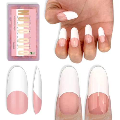 Vista 17 de NOVO OVO - Puntas de uñas postizas largas XL, puntiagudas, de tacón aguja, autoadhesivas, extra largas, gruesas, de gel suave, doble mate