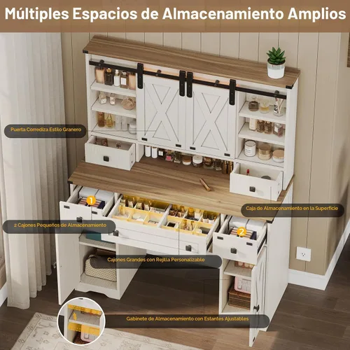 Vista 7 de Hasuit Escritorio de tocador de granja con espejo y luces, tocador de maquillaje blanco con estación de carga, espejo de tocador rústico con puerta